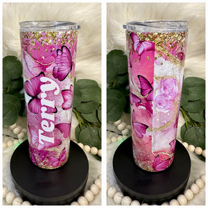 Pink Butterfly Stainless Steel Skinny Tumbler