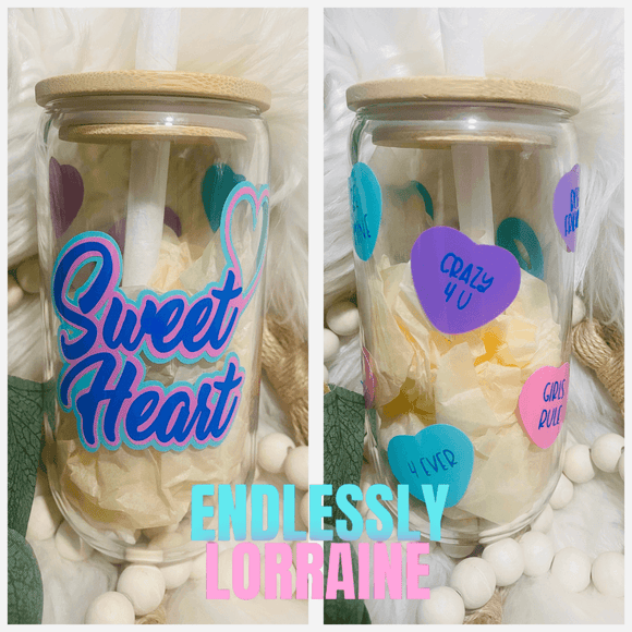 Sweet Heart Can Shaped Drinking Glasses 16 oz with Bamboo Lid & Glass Straw